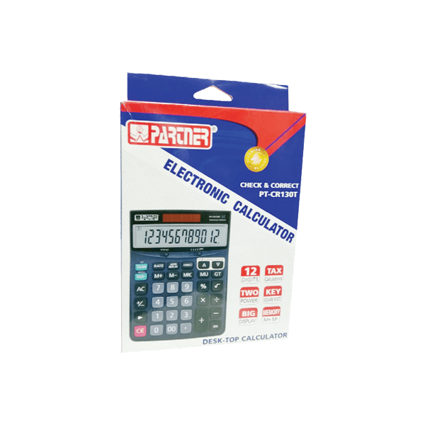 Partner electronic calculator PT-CR130 in packaging, featuring a clear display and various function keys for office use.