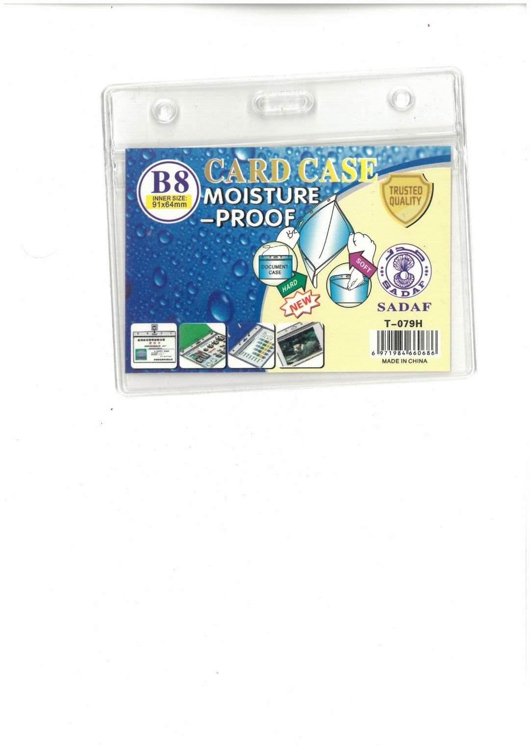 The "SADAF Moisture-Proof Card Case for Secure Document Storage" by Family Book Shop is a transparent package with water droplets and a "Trusted Quality" stamp, showcasing its waterproof feature. Made in China, it includes small photos of its usage.