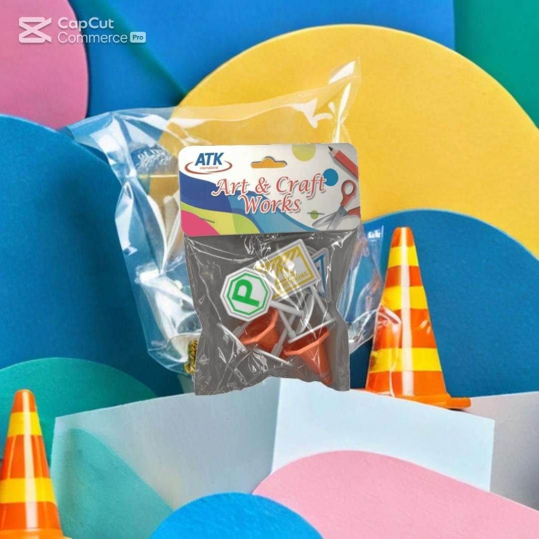 ATK International Traffic Sign Craft Set with colorful pieces and cones for creative projects using ATK international craft supplies