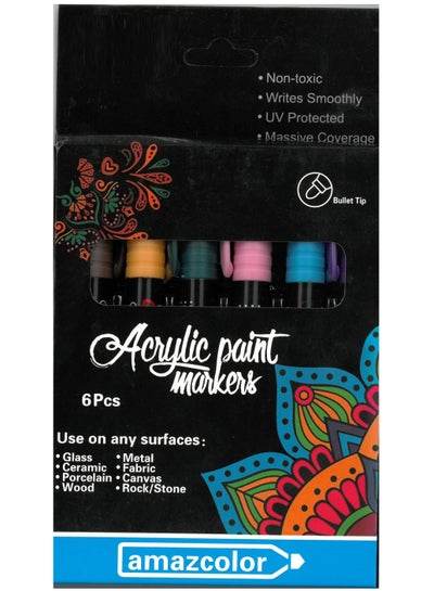 Acrylic paint pens set for artists in a six-piece variety, suitable for diverse surfaces.