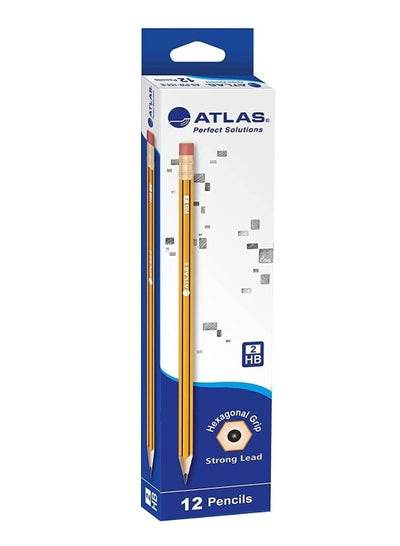 ATLAS 2-HB pencil set in black and yellow packaging, featuring strong lead and hexagonal grip for comfortable writing.
