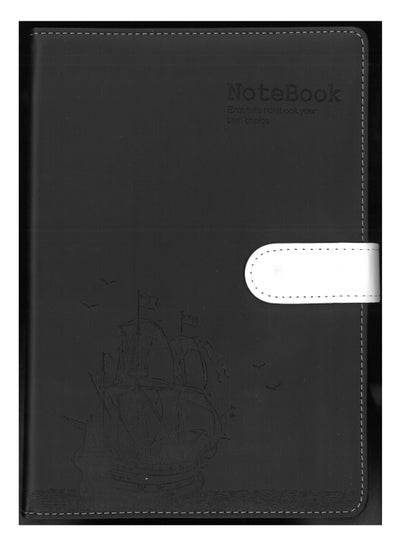 B5 hardcover notebook black with a stylish ship design and white closure for organized writing.