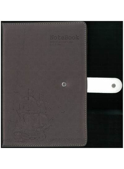 B5 hardcover notebook brown with a textured cover featuring a ship design and a secure closure
