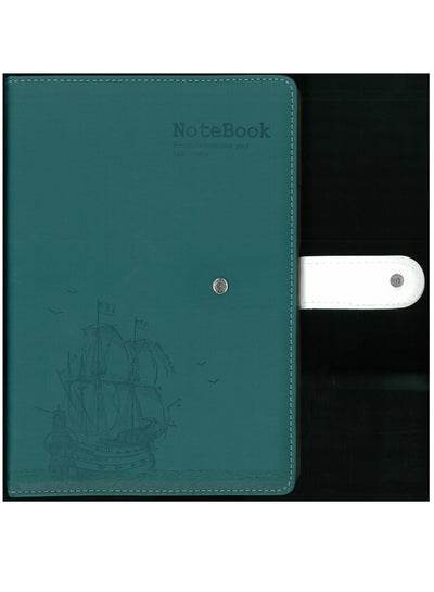 B5 hardcover notebook in light green with a ship design and secure button closure for easy use