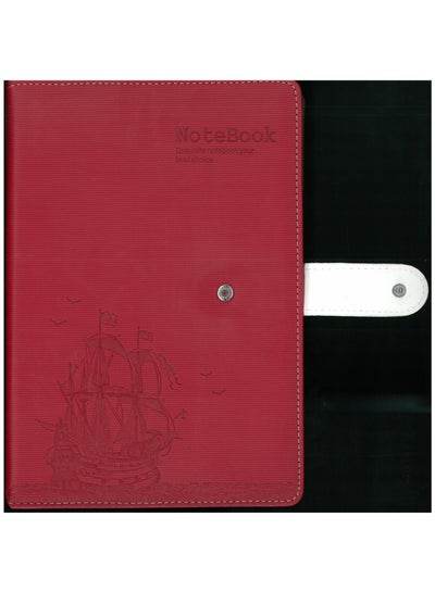 B5 hardcover notebook in red with a ship design and button closure for secure writing