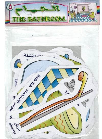 Colorful bathroom flash cards featuring bathroom items like bathtubs and showers for educational use.