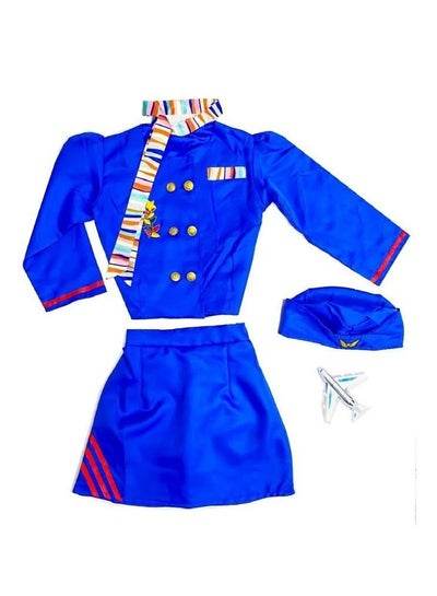 Blue air hostess costume for kids aged 3-8 years with skirt, top, and accessories for imaginative play