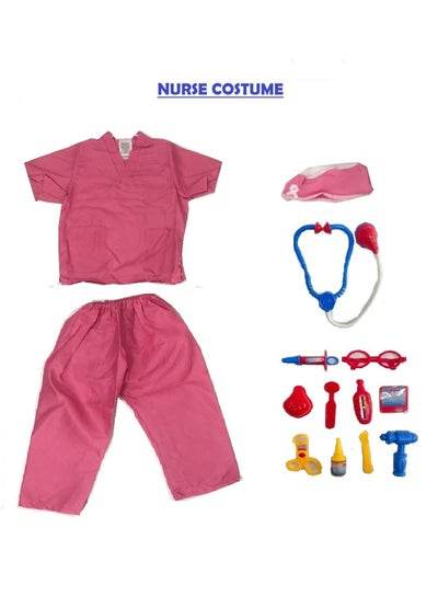 Children nurse costume in pink with scrubs and toy medical equipment for role play