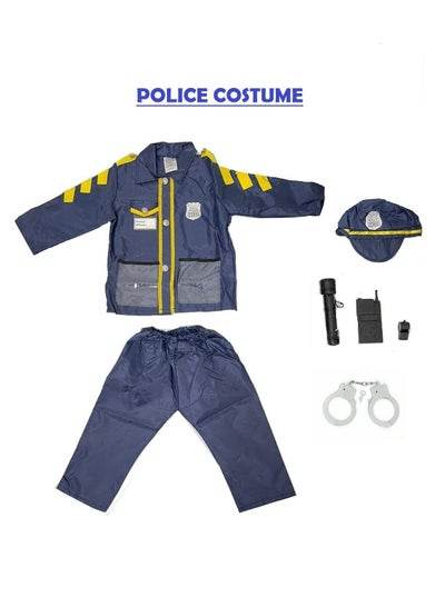 Children's police costume featuring a jacket, pants, hat, flashlight, and handcuffs for imaginative play