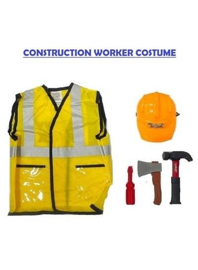 Bright yellow construction worker costume with vest, hard hat, tools including hammer and axe