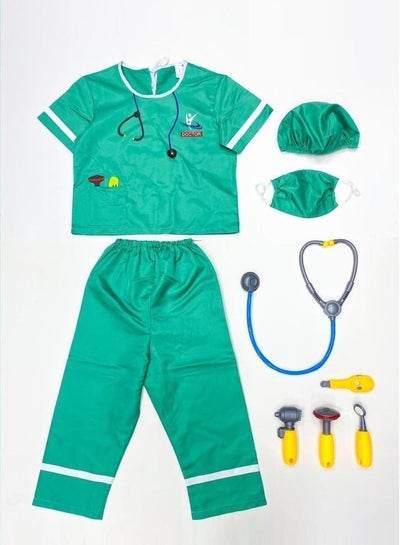 Doctor dress up kit for kids featuring green outfit, stethoscope, mask, and medical accessories for imaginative play