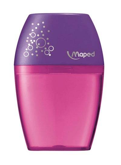 Pink double hole pencil sharpener with an ergonomic design for easy sharpening and minimal waste