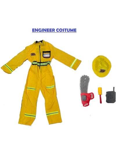 Bright yellow engineer costume for kids with accessories like a hard hat, saw, and tool for imaginative play