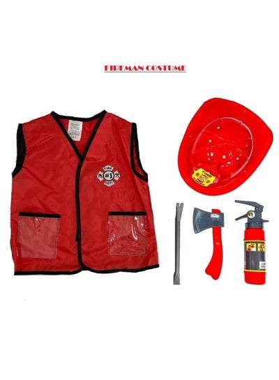Fireman dress up costume set including red vest, helmet, axe, and fire extinguisher for imaginative play