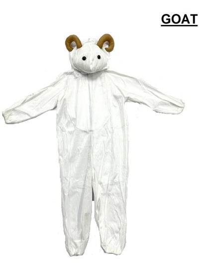 Kids dress up goat outfit featuring a white jumpsuit with horned hood for playful role play