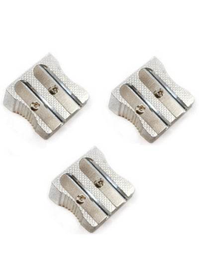Set of three metal pencil sharpeners with twin holes for various pencil sizes