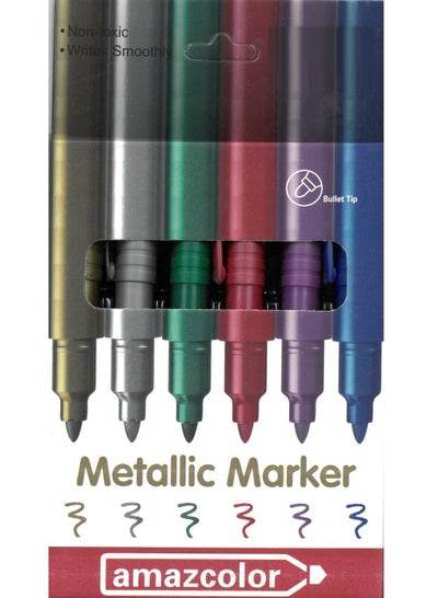 Set of 6 metallic marker pens for art in assorted colors with non-toxic ink and bullet tips