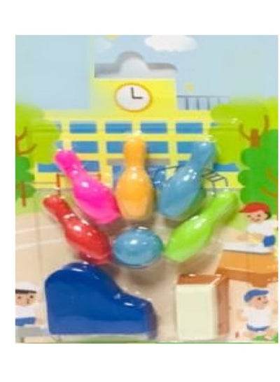 Music sports pencil eraser pack featuring colorful pencil erasers shaped like bowling pins and a ball