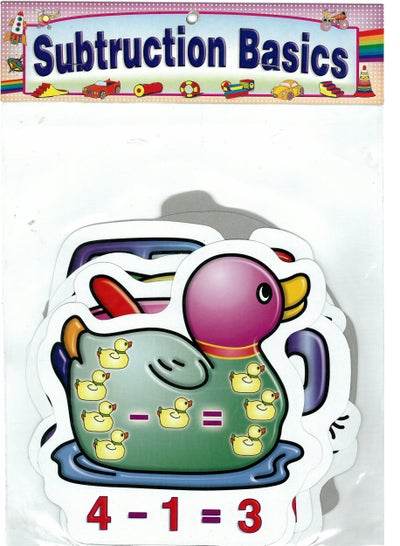 Colorful number design flash cards featuring subtraction concepts with fun duck illustrations