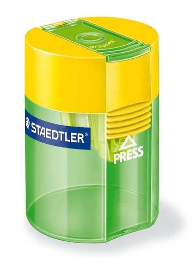 Green pencil sharpener for school supplies with a transparent design, perfect for classrooms and offices