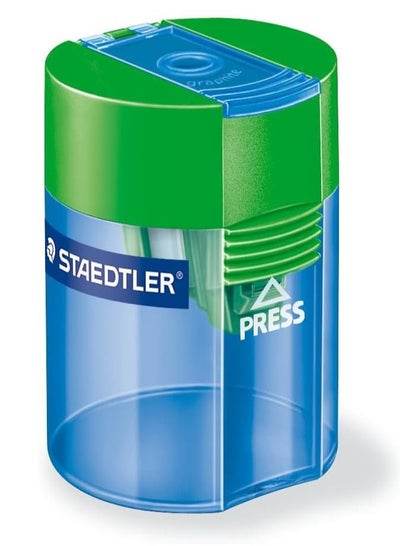 STAEDTLER pencil sharpener blue with a green lid, designed for efficient pencil sharpening.
