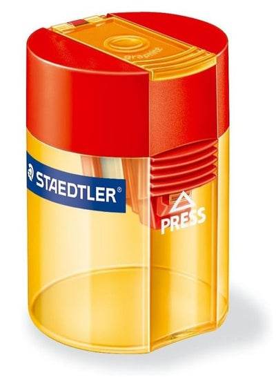 STAEDTLER pencil sharpener orange with clear plastic body and easy press mechanism for smooth sharpening