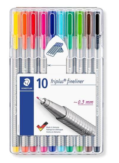 STAEDTLER Triplus Fineliner pens in assorted colors, 0.3 mm, pack of 10 for precise writing and drawing