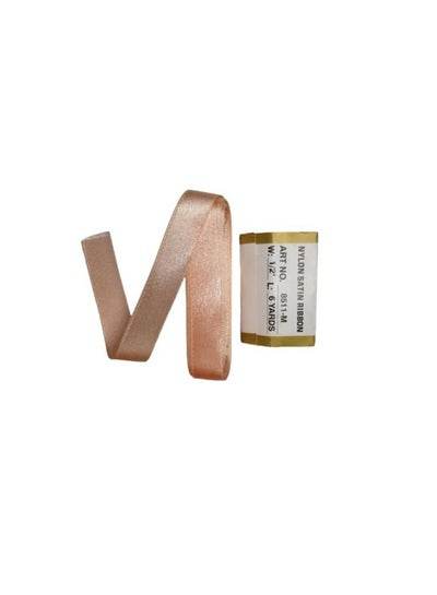 Nude satin ribbon 1/2 inch displayed with a spool, perfect for crafts and gift wrapping