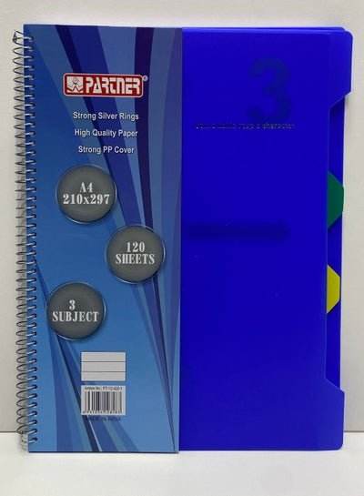 A blue 3 subject notebook with strong silver rings and 120 sheets for organized note-taking