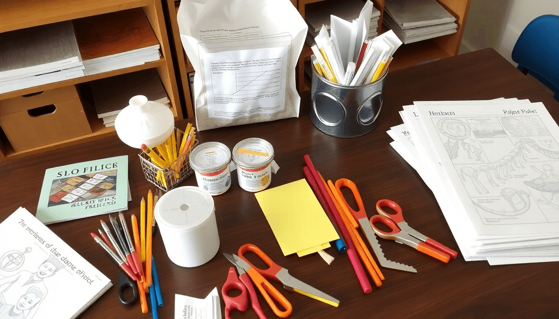 A table filled with ready-made school project materials