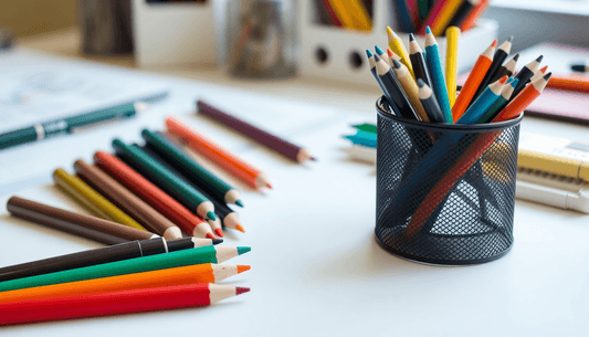 A collection of colorful pens on a study desk