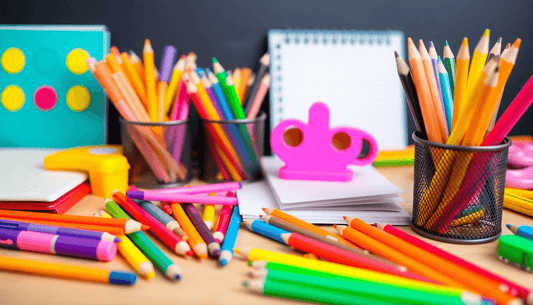 A colorful array of school stationery on a desk