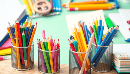 A colorful assortment of school stationery on a desk