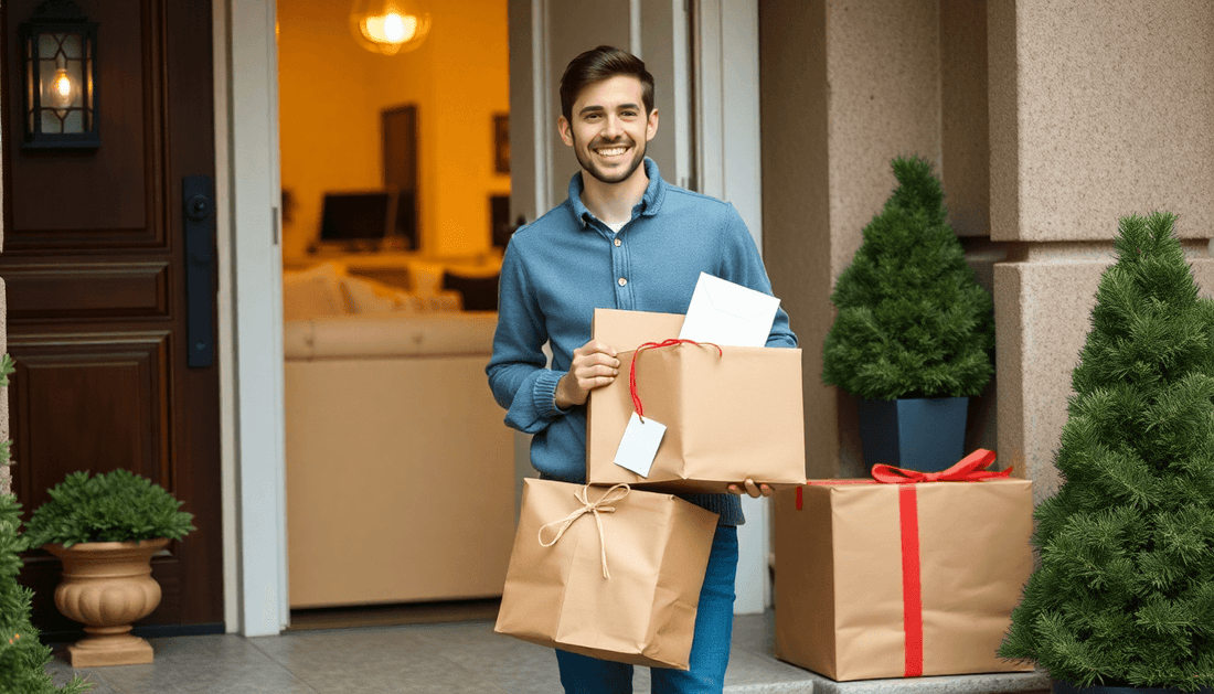 A delivery person with stationery packages at a doorstep