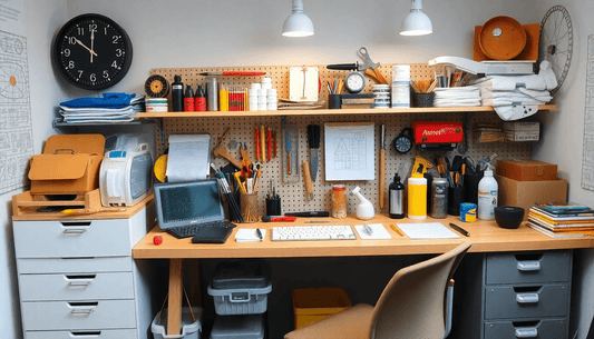 An organized desk with engineering supplies and tools