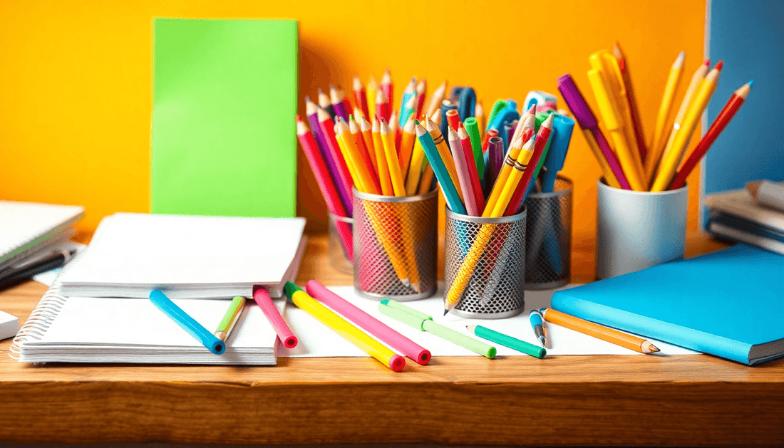 Colorful stationery items on a school desk