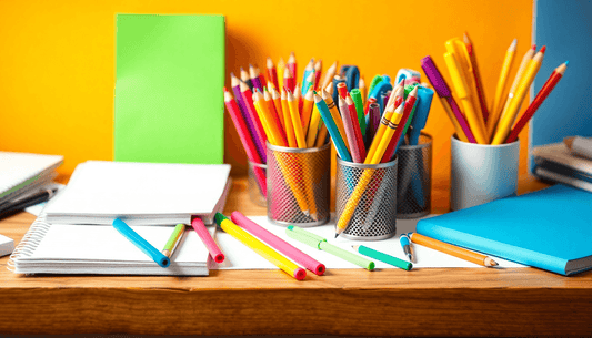 Colorful stationery items on a school desk