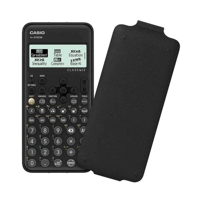 Casio FX 570CW scientific calculator with black protective cover, featuring a clear display and user-friendly keypad for advanced calculations