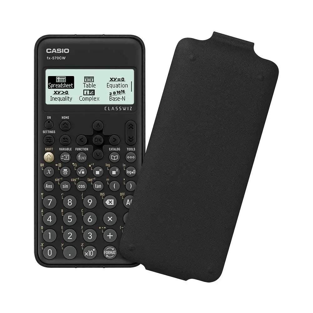 Casio FX 570CW scientific calculator with protective cover and clear display, ideal for students and professionals at Family Book Shop