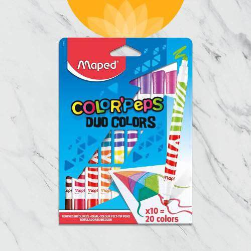 Maped Color Peps felt tip pens in a pack with 10 colors, offering dual-color options for vibrant illustrations and artwork