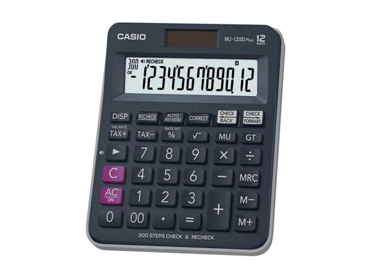 Casio MJ-1200 Plus desktop calculator with tax functions, featuring 12 digits display and various calculation keys
