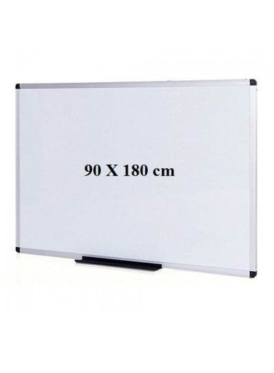 Magnetic whiteboard measuring 90x180 cm, perfect for classrooms and offices, with a sleek aluminum frame