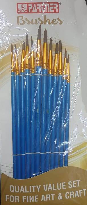 PARTNER round brushes set includes various sizes with blue handles and fine bristles, ideal for art and craft projects.