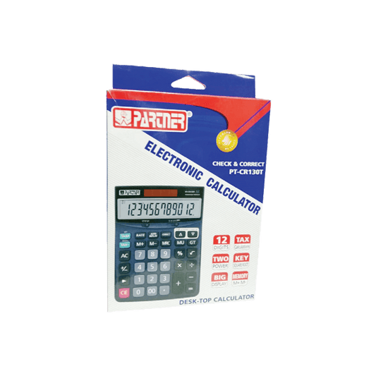 Partner electronic calculator PT-CR130 in its packaging, featuring large display and functional buttons for easy calculations