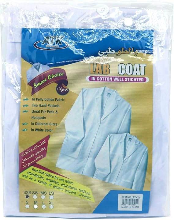 White lab coat in SSS size for science classes, made of poly cotton with two pockets, ideal for educational use.