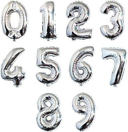 Assorted silver helium number balloons UAE in sizes 0 to 9 for festive celebrations
