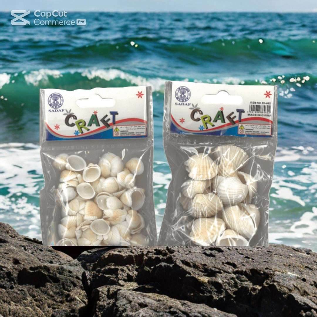 SADAF seashell craft set featuring natural seashells packaged for beach-themed craft projects against a scenic ocean backdrop