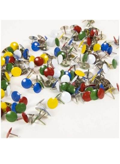 Assorted colorful push in pins in red, blue, yellow, green, and white for crafting and office use