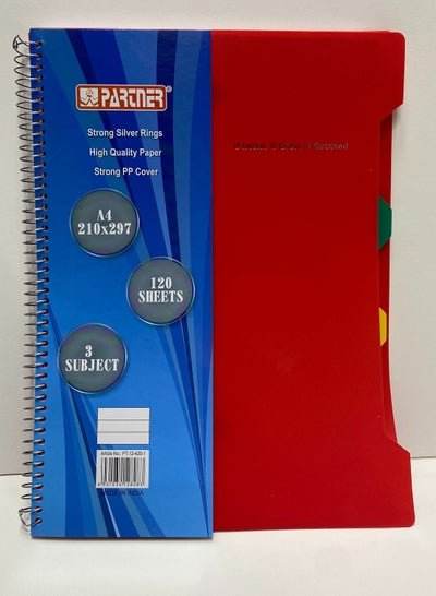 Red 3 subject notebook with strong PP cover and 120 sheets for organized note-taking