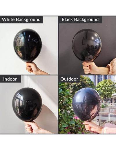 12 inch black party balloons Pack of 10 Black color displayed in various indoor and outdoor settings